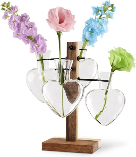 Plant Propagation Station with Acacia Wood Stand, 4 Heart-Shaped Propagation Vases for Plants, Unique Terrarium Kit for Office and Home Decor, Gifts for Plant Lovers
