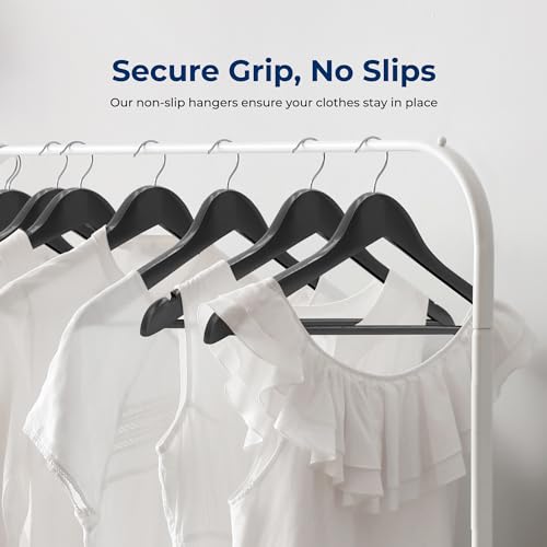 SereneLife 30-Pack Black Wooden Clothes Hangers – 14” Heavy-Duty Solid Wood with Pants Bar, Non-Slip Notches & 360° Chrome Swivel Hook, Space-Saving Coat, Jacket & Suit Hangers for Closet Organization - Image 4