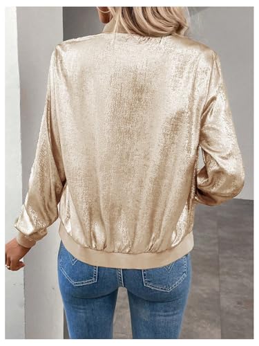 SHENHE Women's Metallic Bomber Jacket Lightweight Zip Up Long Sleeve Fashion Jacket Outwear2