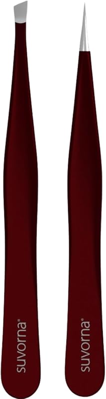 Pinças Suvorna em aço inoxidável, ponta fina e ponta chanfrada, Maroon, conjunto com 2