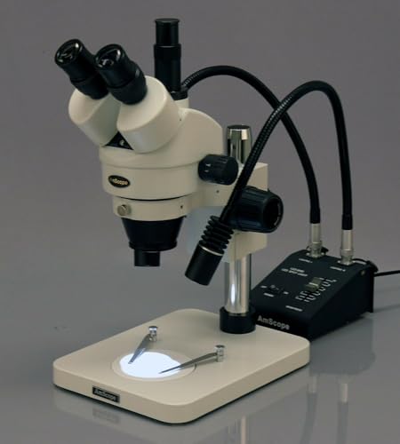 Image of AmScope SM-1TS-L6W Professional Trinocular Stereo Zoom Microscope, WH10x Eyepieces, 7X-45X Magnification, 0.7X-4.5X Zoom Objective, 6W Dual-Gooseneck LED Light, Pillar Stand, 85V-265V