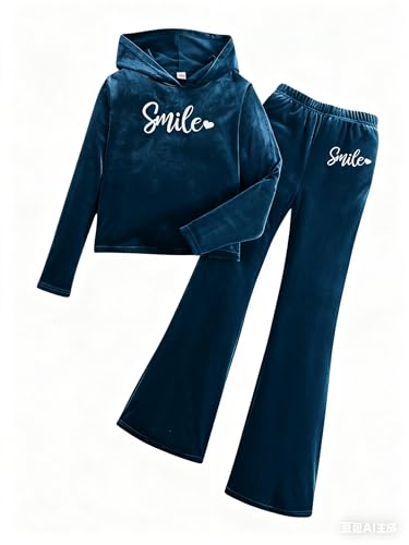Image of 6-13 Years Girls Clothing Heart Print Hoodie Top + Heart Print Flare Leg Pants 2PC Clothing Set