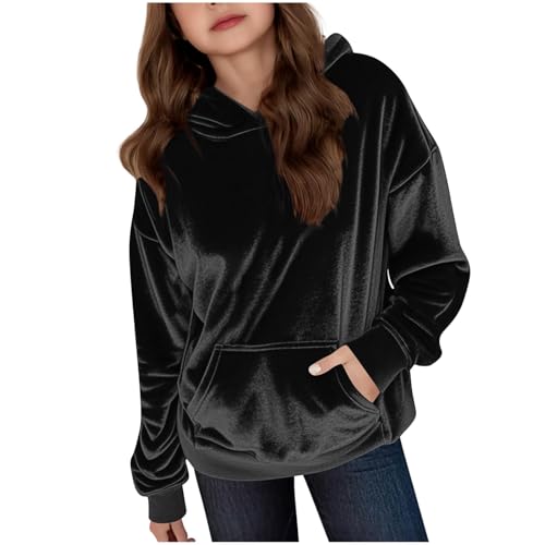 Girls Velour Hooded Pullover Jacket Long Sleeve Fall Winter Soft Warm Velvet Jacket with Pockets Trendy Sweatshirts