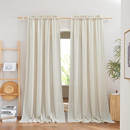 NICETOWN Natural Linen Curtains 108 inches Long for Living Room, Rod Pocket Thick Flax Privacy Semi Sheer Window Curtains with Light Filter for Bedroom/Living Room, 55'' Wide, 2 Panels