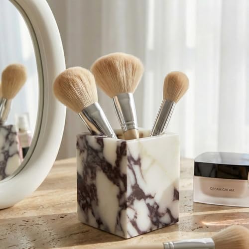 Denique Genuine Calacatta Viola Toothbrush Holders for Bathroom Natural Marble Makeup Brush Holder Countertop Organizer for Vanity Dresser