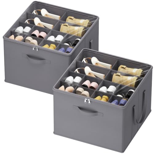 Lifewit Organizer na buty do szafy, pudełko do przechowywania butów na 12-16 par z przezroczystą pokrywką, składany organizer na buty z przegrodami, 43 x 43 x 32 cm, szary, zestaw 2 szt
