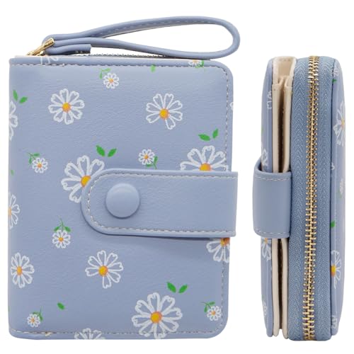 LJCZKA Cute Wallet for Women Small Flower Wallet Card Holder Girls Zipper Leather Wallet Minimalist Kawaii Short Purse (Blue)