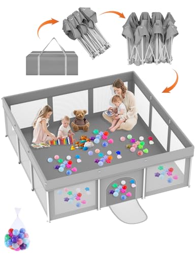 Image of Foldable Baby Playpen 71 inchx71 inch, Playard for Babies and Toddlers, Portable Safety Toddler Fence Lightweight,No Installation, Indoor & Outdoor Play Yard with Ocean Balls*150, Grey
