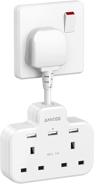 Multi Plug Extension with 3 USB Ports, ANVODE 2 Way Plug Adaptor with Flexible Plug, Sockets Extension Adapter for Bedroom, Office and Kitchen