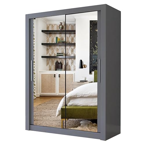 A.C. Milan Modern Double Mirror sliding door wardrobe with LED Light Width 100cm/120cm/150cm/180cm/203cm/250cm (100, Grey)