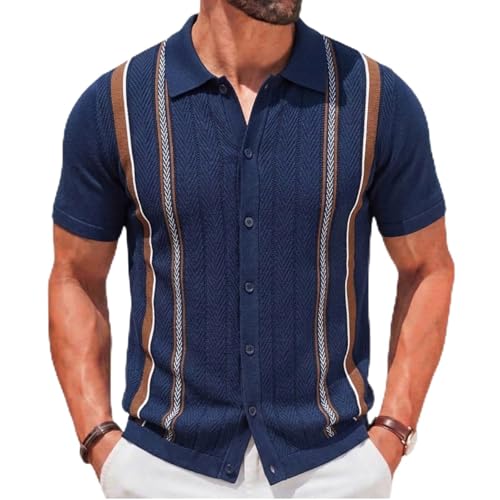 Camisa de tejido a rayas para hombre, manga corta, con botones, estilo casual