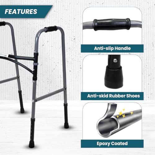 Image of Venante U-Shape Foldable Walker for Elderly and Seniors, Lightweight 100kg Capacity, Mild Steel Frame, Height Adjustable Walking Aid for Men and Women, Premium Rubber Shoes (Grey)