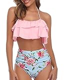 Tempt Me Women Pink Floral Two Piece Swimsuits High Waisted Bikini Teen Ruffle Tummy Control Bottoms Halter Bathing Suits M