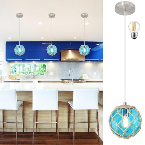 6" Blue Coastal Pendant Light Kitchen Island,Glass Globe Ocean Ceiling