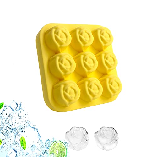 3D Ice Cube 9 Cavity Rose Mold Silicone Tray Reusable,No Leakage Stackable Ice Ball Maker,Easy Release,For Whiskey,Cocktail,Homemade Juice,Chilled Drink,Party( Yellow/9Grid） #TOP8