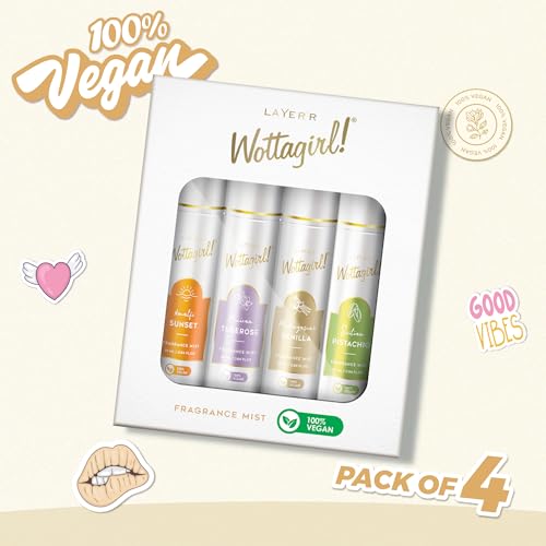 Image of Layer'r Wottagirl Fragrance Mist Combo Pack of 4 (25ml Each) - 100% Vegan - Amalfi Sunset, Sicilian Pistachio, Madagascar Vanilla & Mexican Tuberose - Long-Lasting Fragrance Mist for Women