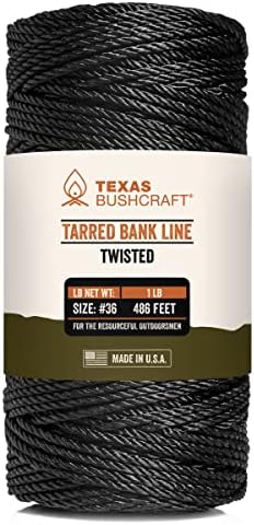Texas Bushcraft Tarred Bank Line Twisted Twine - #36 Black Nylon String for Fishing, Camping and Outdoor Survival – Strong, Weather Resistant Bankline Cordage for Trotline and Marine Thread…
