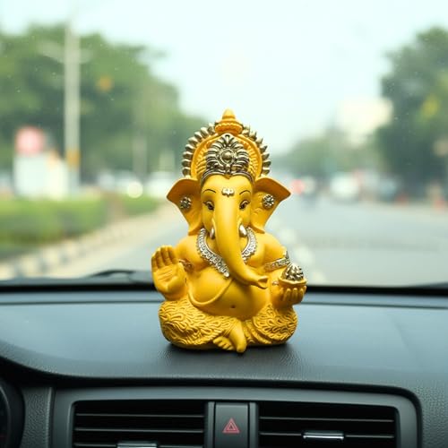 Image of Mango Yellow Ganesha Idol Car Dashboard Idol Ganesha Murti Ganpati Idol for Home Decor Pooja Lord Ganesh Statue Gift for Office Desk Pooja Room (Ganesha Yellow & Gold)