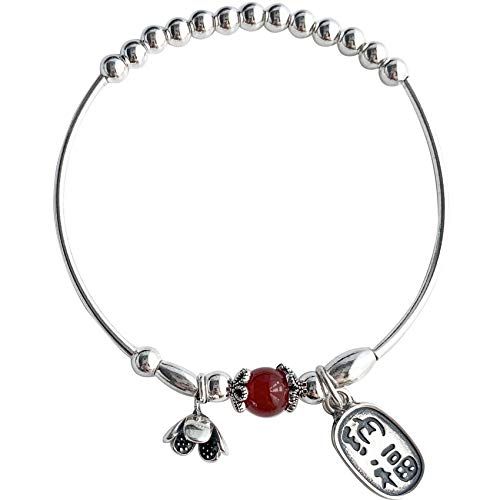Pulsera de amuleto de riqueza de Feng Shui para mujer, plata de ley, con colgante de flor tallada Nafu, pulsera elástica de cuentas de ágata roja, talismán para prosperidad, dinero, buena suerte
