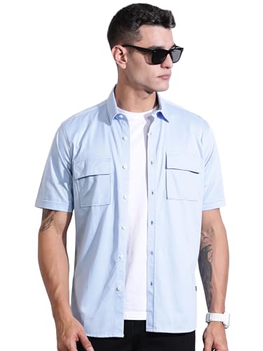 Image of Thomas Scott Men's | Solid | Half Sleeve | Regular Fit | Cotton Blend | Double Flap Pocket | Spread Collar | Casual Shirt