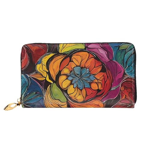 (flower stained glass) Faux Leather Wallet Long Clutch Zipper Purse Card Holder Travel Coins Cash Organizer Phone Pocket 7.48 x 4.13 x 0.9 inches