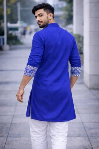 Image of Men's Cotton Jamdani Kurta for Festive, Casual Wear | Traditional Bengali Style Long Kurta | S to XL Size | White, Yellow, Blue Color Options