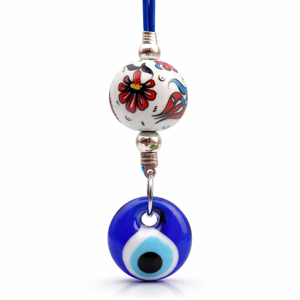 Turkish Blue Evil Eye Car Hanging Ornament with Ceramic Ball - Evil Eye Car Accessories - Evil Eye Car Charm Gift (BLUEWITHWHITE)
