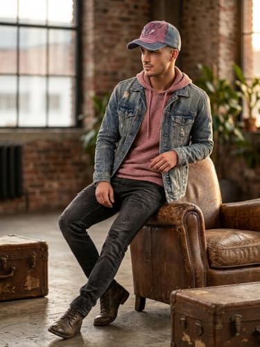 Image of Premium Vintage Denim Baseball Cap for Men & Women | Retro Chicago Bull Skull Design | Washed Distressed Streetwear Hat