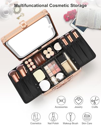 Image of Relavel Makeup Bag with LED Mirror, Makeup Box Travel Train Case with Rechargeable Lighted Mirror, Cosmetic Brush Organizer Storage for Makeup Artists Gifts for Women and Girls, Rose Gold
