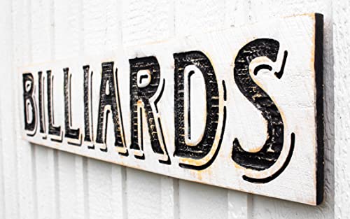 Billiards Sign Horizontal - Carved in a 48"x10" Solid Wood Board Rustic Distressed Shop Advertisement Farmhouse Style Wooden Nostalgia Billiards Cue Sports Pool Hall Bar