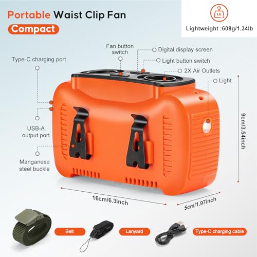 Image of Portable Waist Fan 16000mAh,Dual Brushless Motors,5 Speeds Belt Clip Fan Up to 25H Runtime,Wide-Range Airflow,3 Light Modes including SOS,Rechargeable Fan for Camping,Hiking, Fishing,Outdoor,Orange