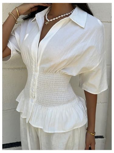 Milumia Women's Collar Button Down Short Sleeve Peplum Blouse Smocked Cinched Waist Top2
