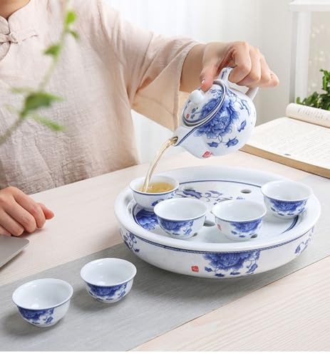 Image of Porcelain Tea Tray, Double-Layer Ceramic Tray Round Elegant Blue & White Design, Large Capacity Water Basin, Smooth & Easy to Clean