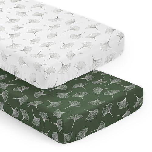 Image of Sweet Jojo Designs 2-Piece Baby Crib Sheets Set (Green Woodland Ginkgo Leaf) for Girls /Boys, Infant Nursery, Toddler Room - Fitted, Standard Size (Forest Greens Earthy, Vintage Minimalist, Botanical)