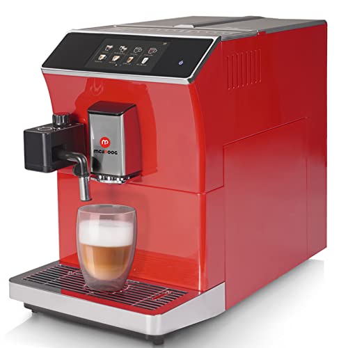 Mcilpoog Super Automatic Espresso Coffee Machine,Fully Automatic Espresso Machine With Grinder, Easy To Use Touch Screen Coffee Maker with Milk Frother.16 Coffee Recipes.(WS-203 Red)