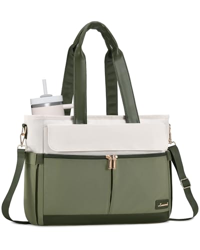 Image of LOVEVOOK Upgrade Version Work Bags for Women 15.6 Inch Laptop Bag Large Capacity Mutiple Pockets Teacher Bag Water Resistant Canvas Tote Bag Purse for Office Travel College Nurse Teacher, Green Beige