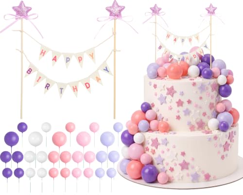 ForraFun 31 Pcs Happy Birthday Cake Topper Cake Bunting Topper Banner with Wood Pole Rainbow Garland with Bow Ribbon Balloon, Mini Cupcake Decor for Birthday Baby Shower (Purple,Pink,Blue) by ForraFun - Used condition - US$5.75