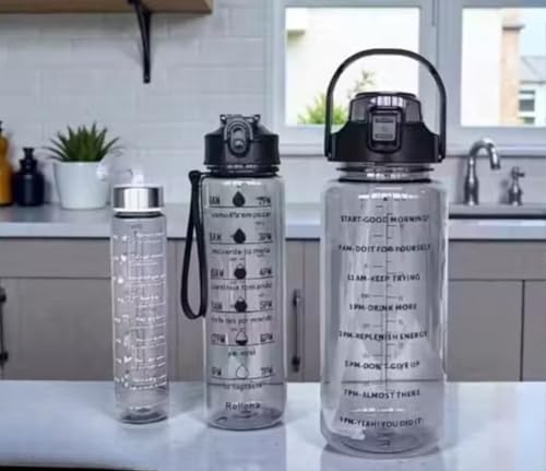 Image of EKAN 3 in 1 Motivational Water Bottles Set 2000 ml, 900 ml, 300 ml Large Capacity Sipper Bottles for School, Office, Home and Gym Use Leak-proof BPA-Free Water Bottles (Black)