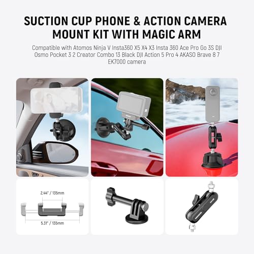 Image of NEEWER Suction Cup Phone Holder & Camera Mount Compatible With GoPro DJI Insta360 iPhone, Car Phone Mount with Action Camera Adapter 360 Magic Arm for POV Windshield Glass Vlog Video Recording, CA158