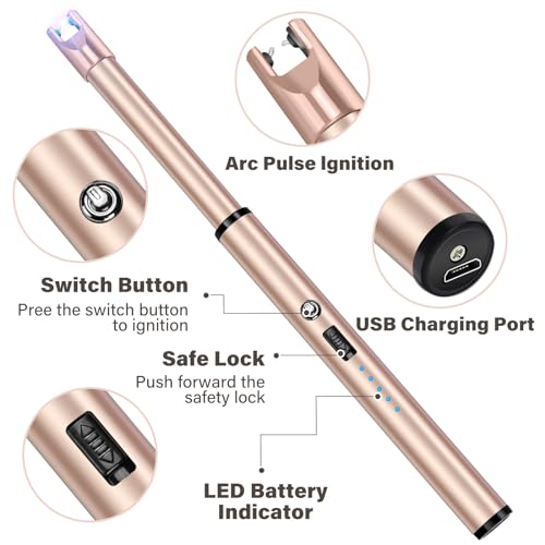 Image of Electric Candle Lighter Windproof USB Rechargeable Flameless Long Neck Lighter for Candles Gas Stove Fireplace BBQ Kitchen Grills (Gold) (Rose Gold)
