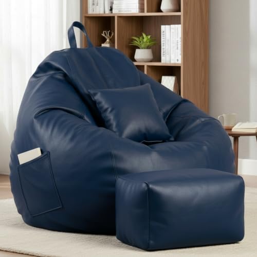 Image of KAM'S LIEU 5XL Luxury Faux Leather Bean Bag with Footrest & Cushion | Pre-Filled High-Density Polystyrene Beans | Premium Leatherette | 6 Months Warranty Color- (Navy Blue, Without Footrest)