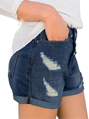 Angerella Distressed Jean Shorts Deep Blue Women Folded Hem Denim Shorts Ripped Frayed Shorts M #TOP2