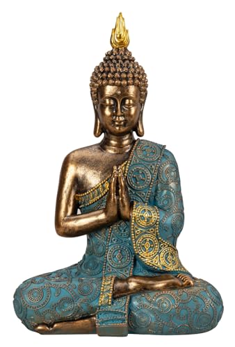 Lifestyle & More Sculpture de Bouddha en pierre artificielle - Doré/vert menthe - Hauteur : 30 cm - Largeur : 20...