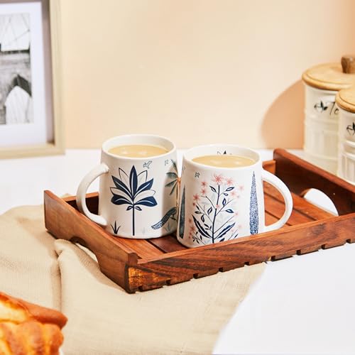 Amazon Brand - Solimo Ceramic Peafowl Coffee Mugs | Set of 2 | Microwave Safe | Coffee Mugs | 350 ml | Blue