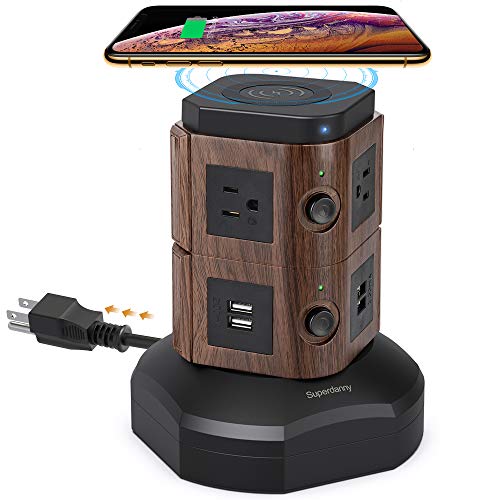 SUPERDANNY Power Strip Tower with 10W Wireless Charger, Spin Surge Protector 13A Vertical Charging Station with 6 AC Outlets+4 USB Ports and 6.5ft Extension Cord for Home Office Dorm, Deep Wood Grain