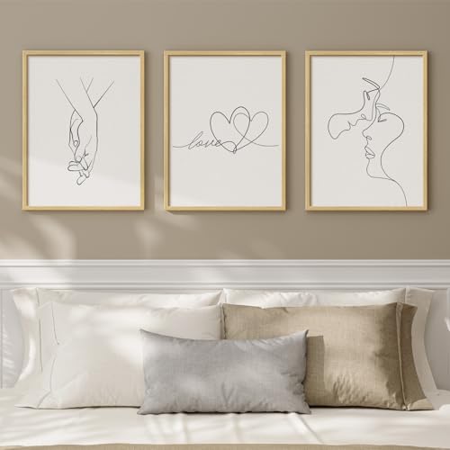 Framed Minimalist Line Love Bedroom Wall Art, 3 Piece Couple & Heart Prints Artwork for Walls, Modern Romantic Simple Black and White Painting Picture for Couple Bedroom Hallway Wall Decor, 12x16 Inch
