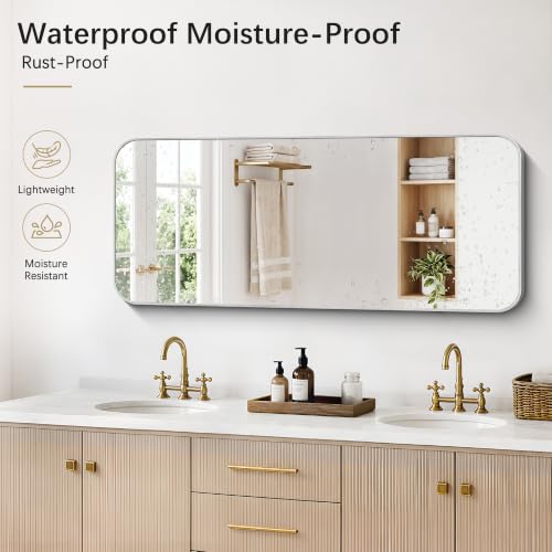 Image of DESBING 55 inchx24 inch Bathroom Mirror for Over Sink, Silver Framed Wall Mirror | High-Definition Shatterproof Vanity Mirror with Rounded Corner for Bedroom Living Room Entryway Horizontally or Vertically