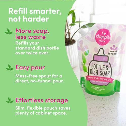 Image of Dapple Baby Lavender Bottle & Dish Soap Refill Pouch - (2 Pack) 33.8 fl oz - Plant-Powered Cleaner for Baby Bottles, Pump Parts, and Sippy Cups