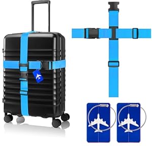 BILIONE Cross Luggage Straps and Luggage Tags Set, Cross Luggage Straps and 2 Tags Set, Heavy Duty Suitcase Belts Adjustable Travel Accessories for 20-32 Inch Luggage (Blue)