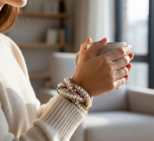 Image of Touchstone Indian Colorful Bead Bracelet Bollywood Beaten Metal Beads Openable Broad Cuff Bracelet in Gold or White Tone for Women.